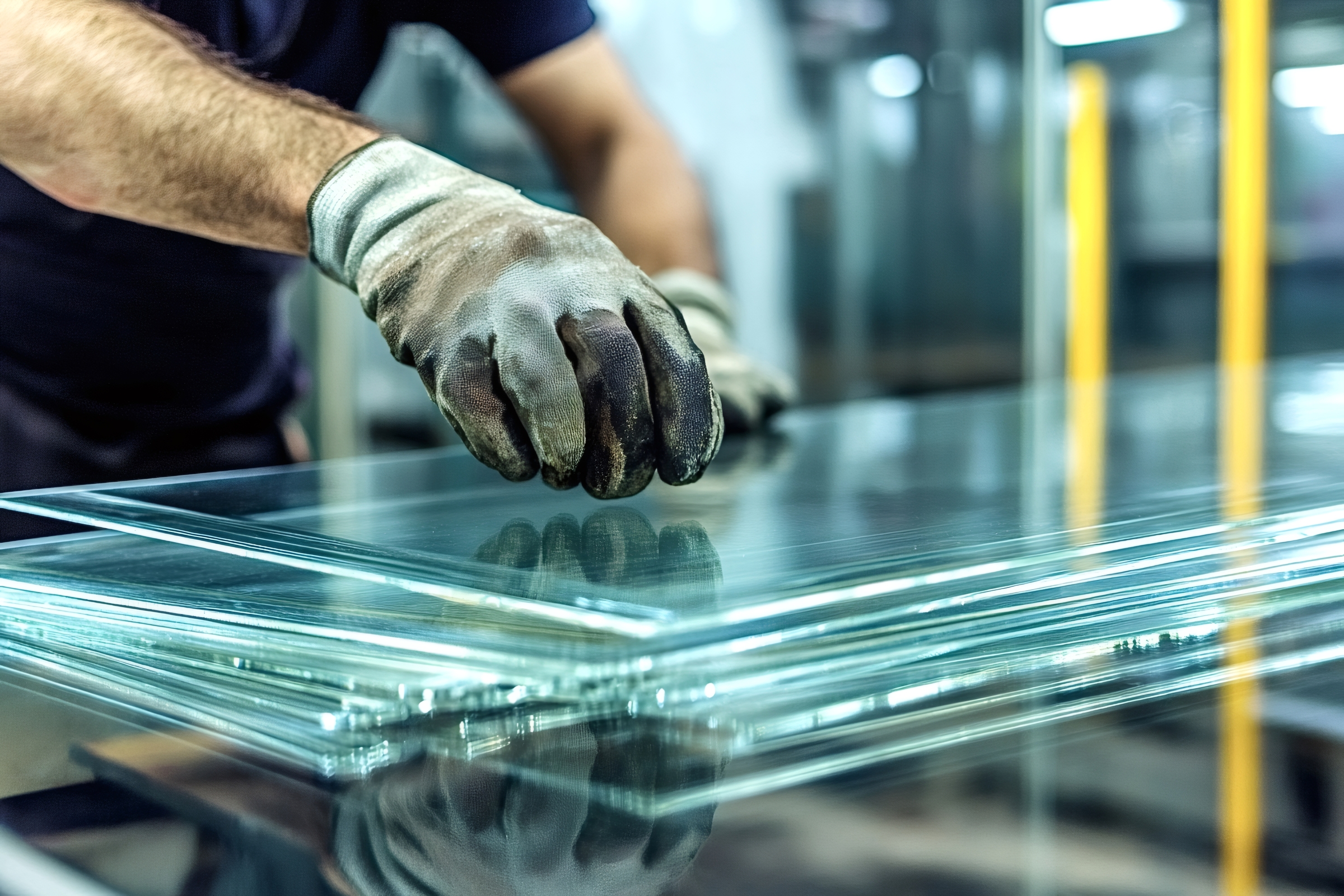 Glazier checking glass sheets in a factory